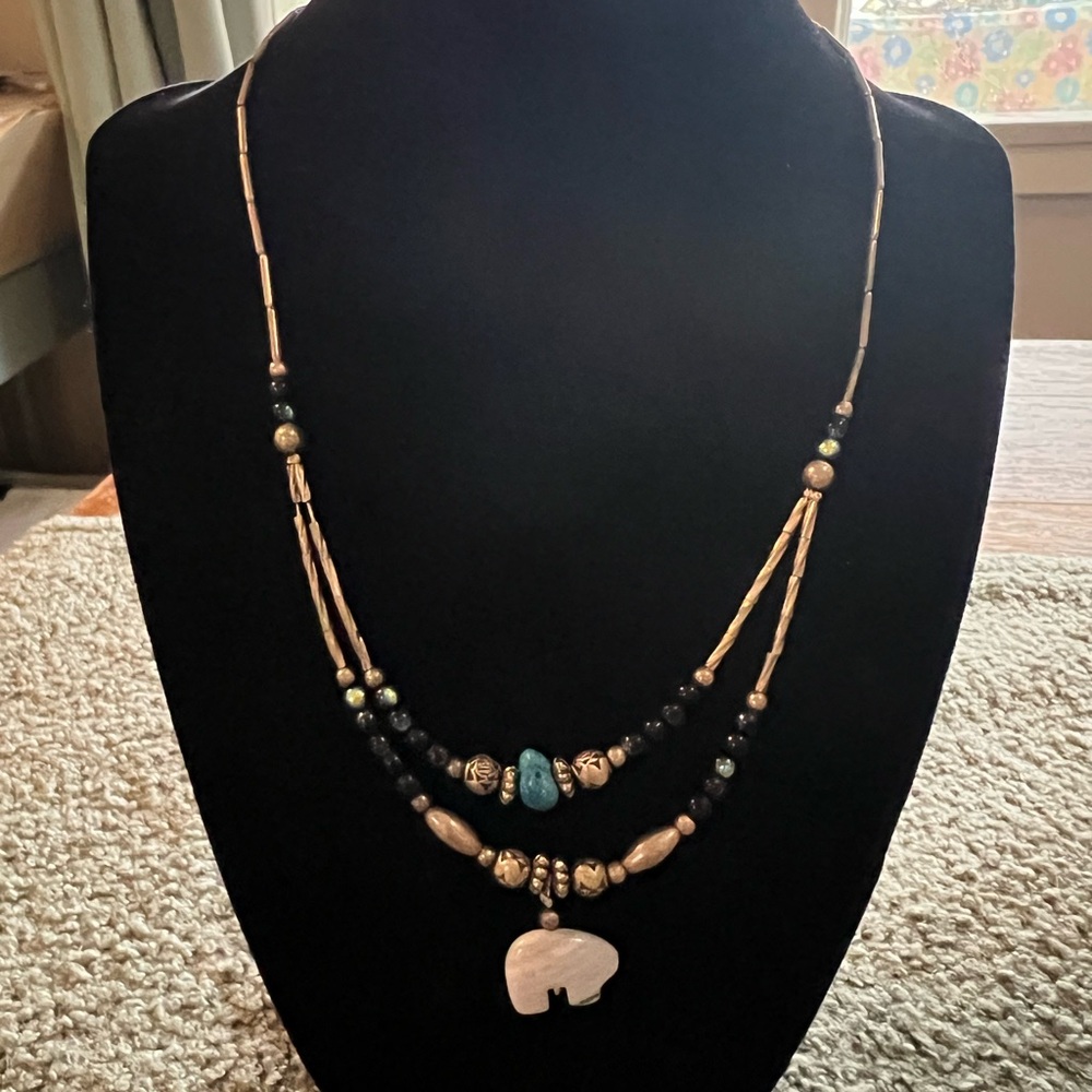 Vintage Liquid Silver 70’s Multi-Strand Necklace with Blue Stone Bear Pendant